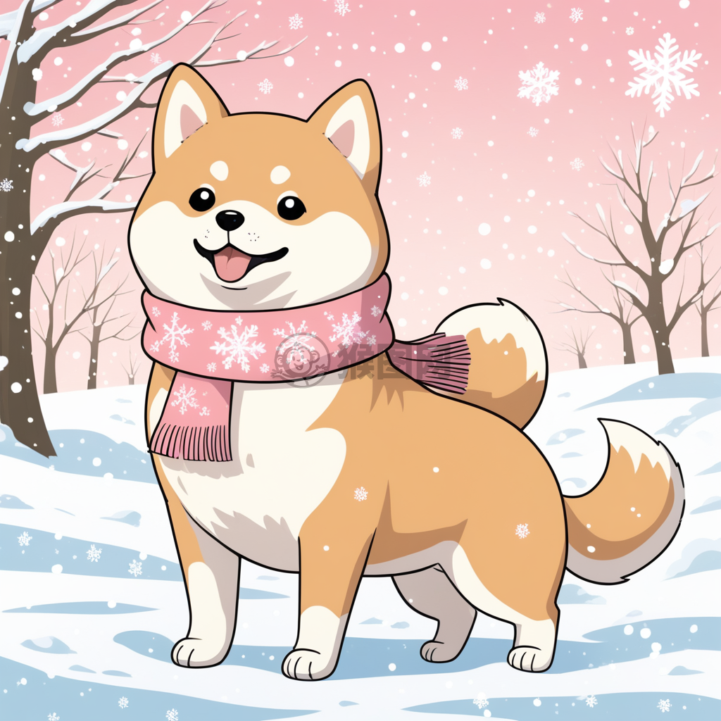 可爱的雪中粉红围巾柴犬组合