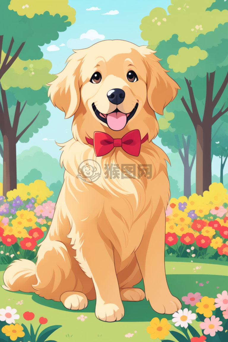 可爱卡通小黄狗在花丛中快乐玩耍