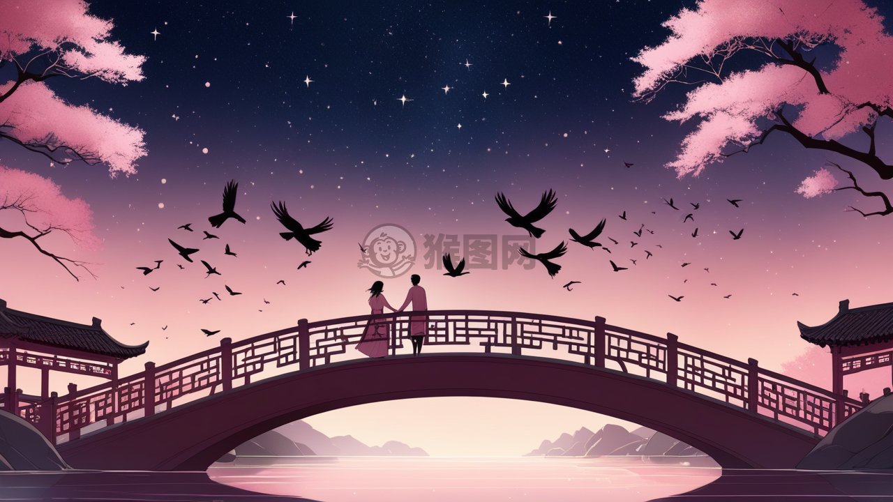 星空下中国传统桥上的浪漫情侣