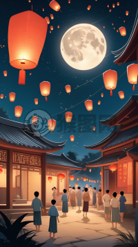 中国乡村中秋夜：家人放飞天灯赏明月