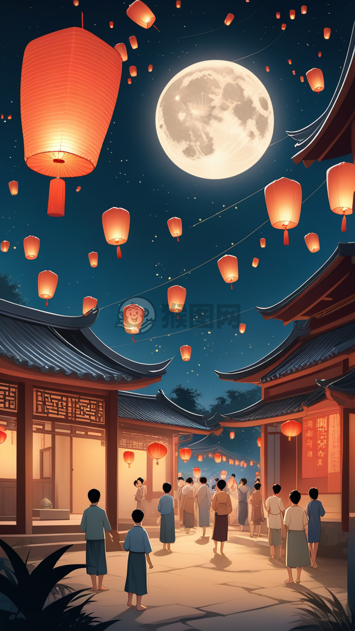 中国乡村中秋夜：家人放飞天灯赏明月