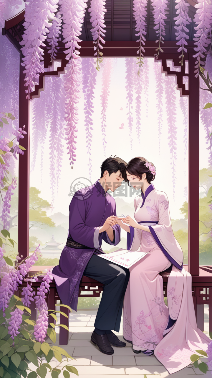 花下诉衷肠：粉色紫藤花下的情侣情书手绘