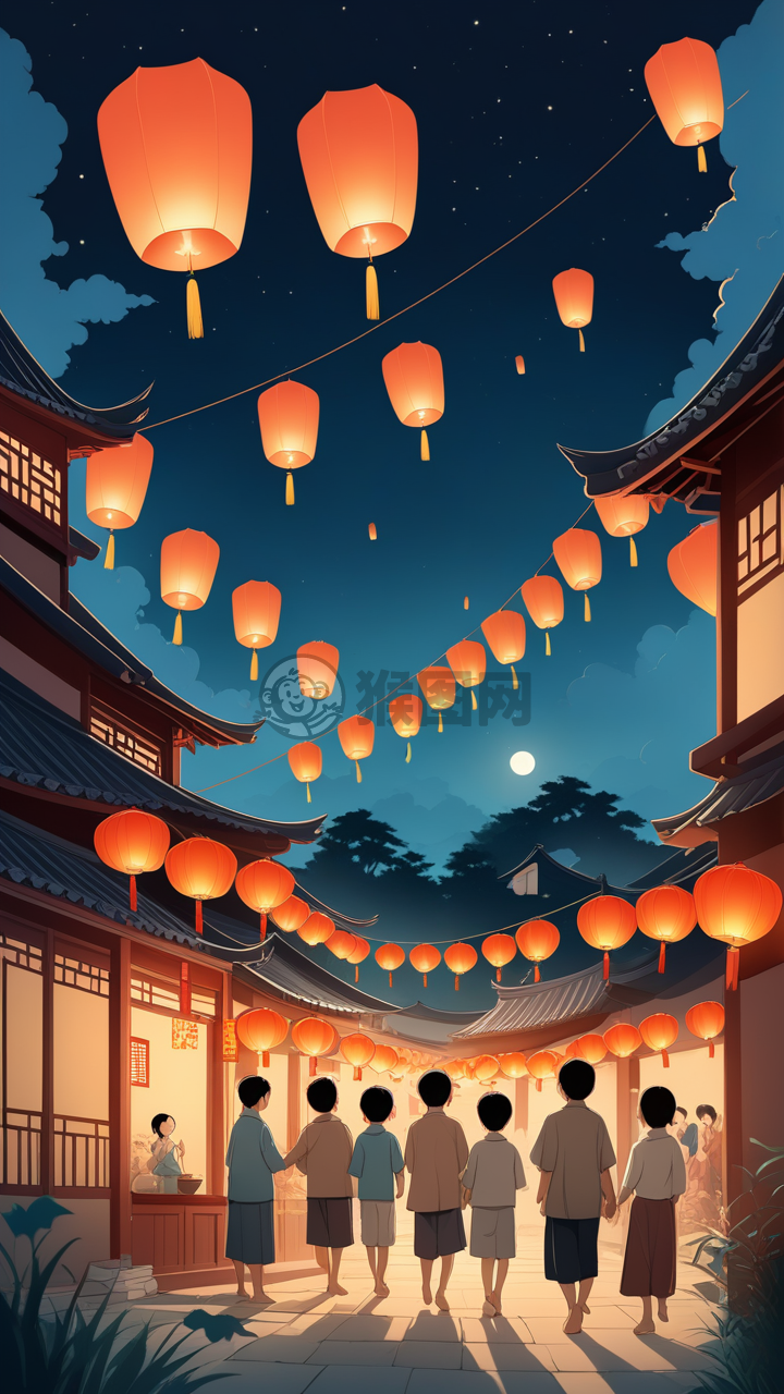 中国乡村中秋夜：家人放飞天灯赏明月