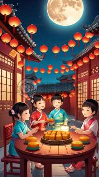 中秋夜月下欢度传统节，儿童灯笼闹中秋。