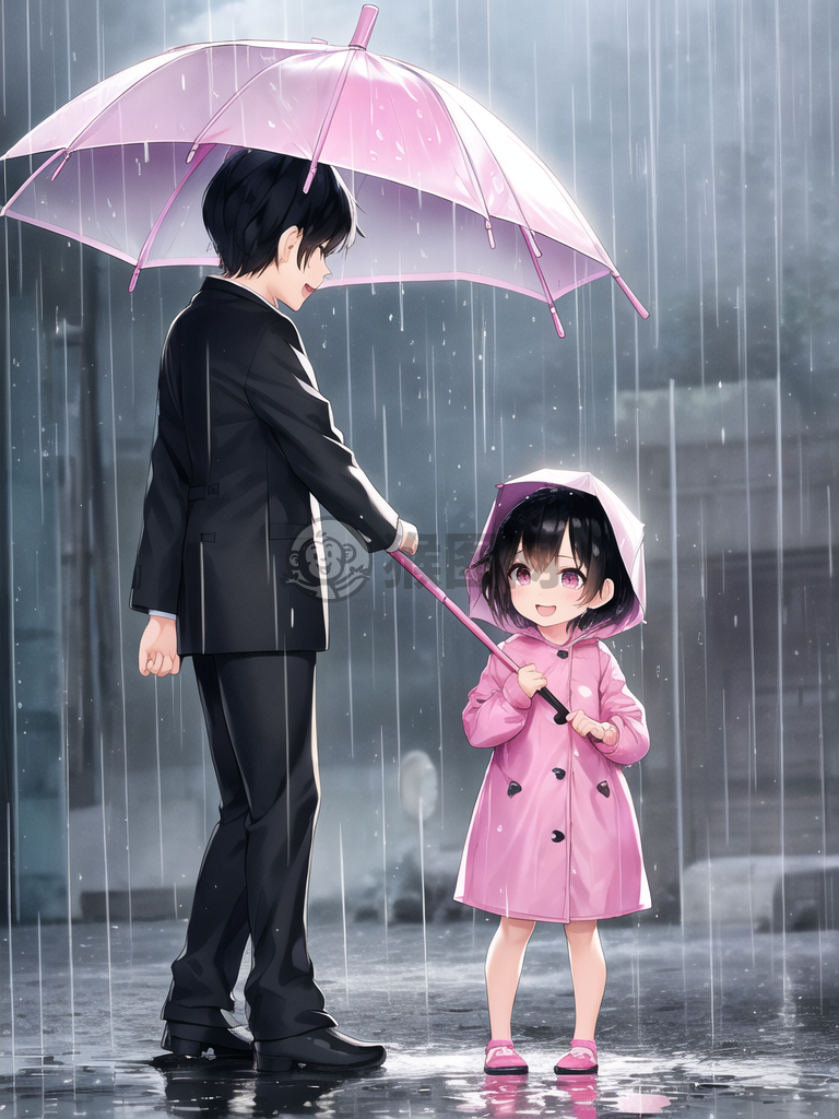 雨中嬉戏的卡通情侣
