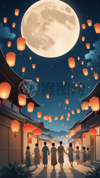 中国乡村中秋夜：家人放飞天灯赏明月