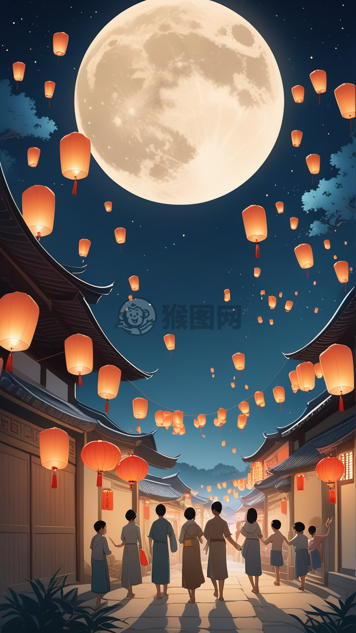 中国乡村中秋夜：家人放飞天灯赏明月