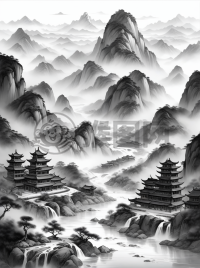 中国传统山水画《雾山云径》