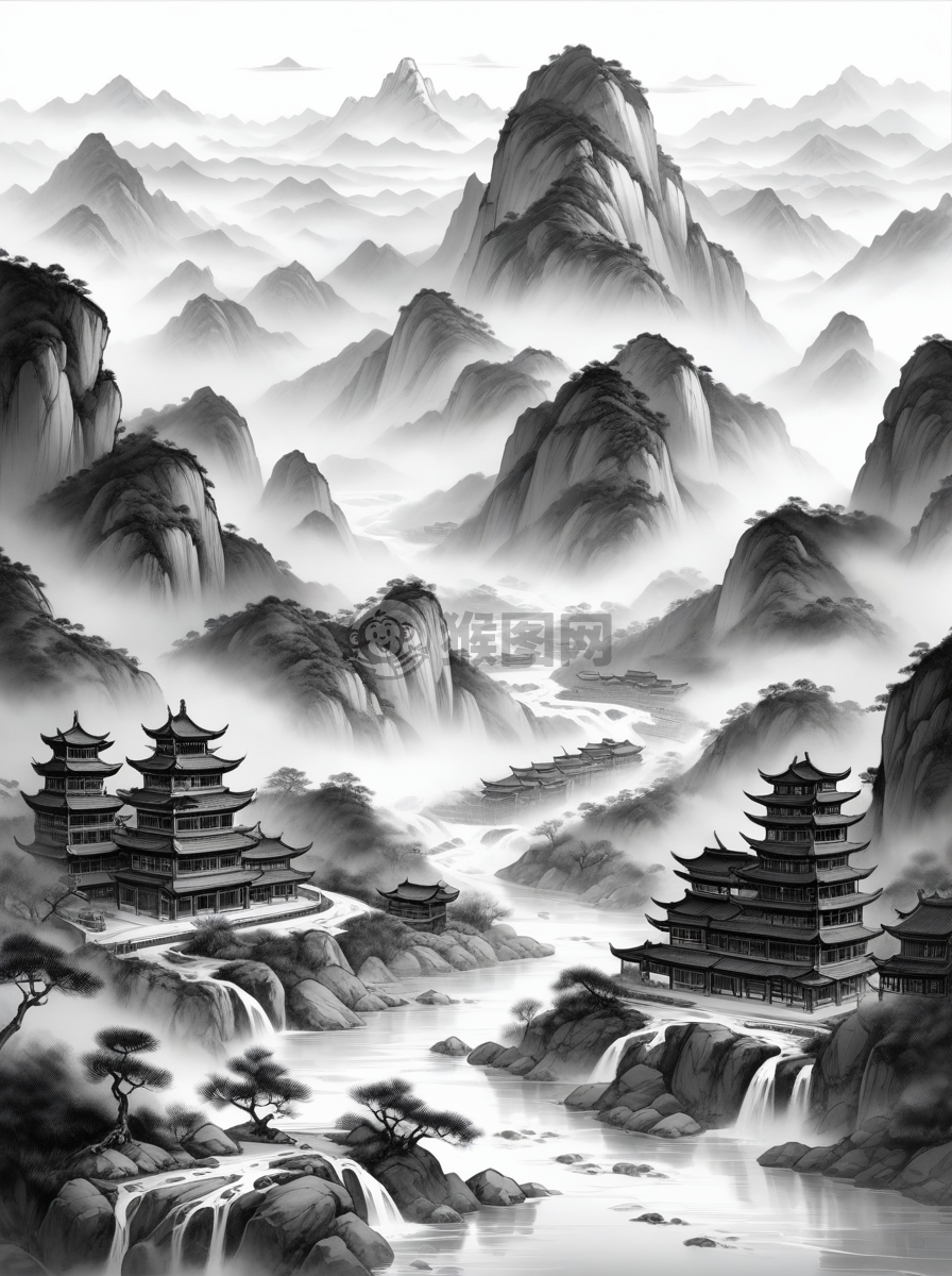 中国传统山水画《雾山云径》