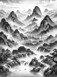 中国传统山水画《雾山云径》