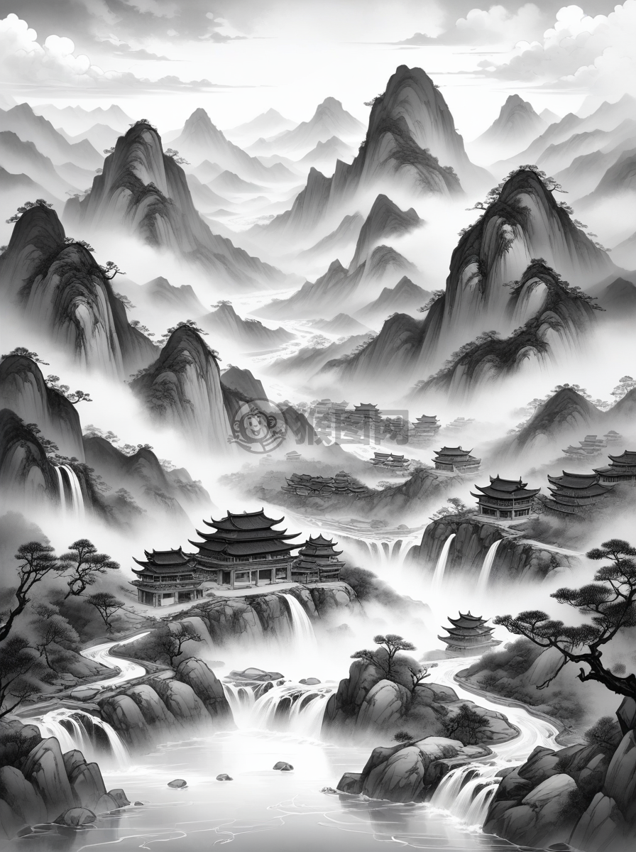 中国传统山水画《雾山云径》
