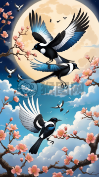 空中飞翔的两只喜鹊和花的意境--一幅数字化艺术作品