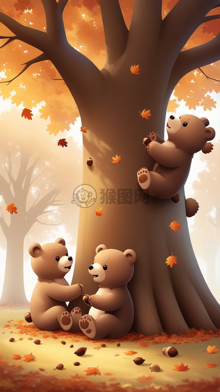 标题可以是：秋日橡树下熊崽收集橡实或者落叶下的顽皮熊崽。这些标题都包含了图片中的关键元素，并且能引发人们对这个季节和这些可爱的熊崽的联想。