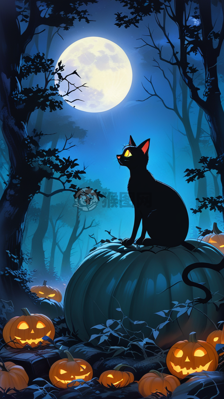 暗夜黑猫独坐南瓜，月下森林雾气浓