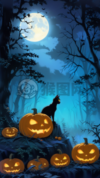 暗夜黑猫独坐南瓜，夜幕森林藏诡秘。