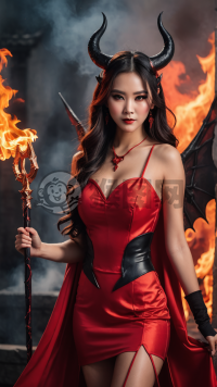 中国女孩万圣节恶魔红裙舞者，手持三叉戟，烈焰背景。