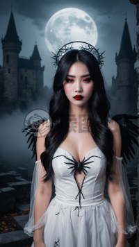 标题为性感中国女孩落入魔咒的万圣节天使装扮。