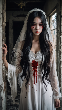 中国女孩在废弃房屋中扮鬼新娘