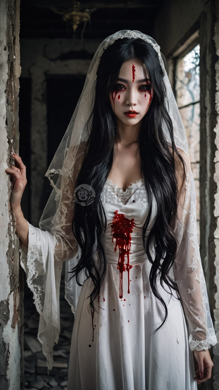 中国女孩在废弃房屋中扮鬼新娘