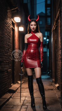 性感中国女孩黑衣魔鬼装自信亮相。
