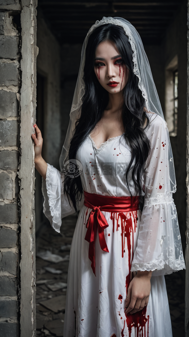 中国女孩在废弃房屋中扮鬼新娘
