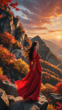 秋山红衣女侠，临风望天涯
