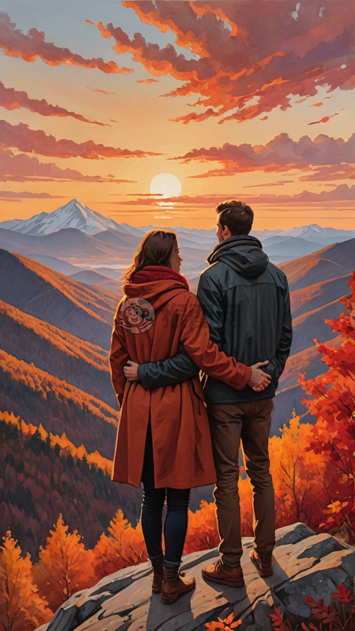 秋山之巅的恋人，共赏夕阳美景