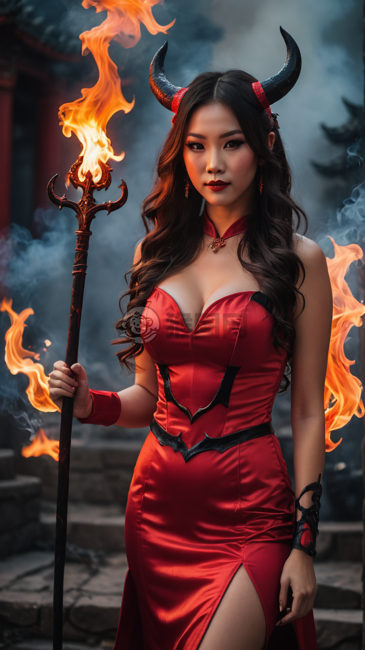 性感中国女孩万圣节恶魔装束展示。