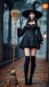 标题为华裔美女黑色紧身衣巫女扮相，通过以上的关键词描述，可以看出该标题适用于展示一个穿着黑色紧身衣，手持扫帚，头戴巫师帽的美女，表达了对其美貌和服装的赞美。