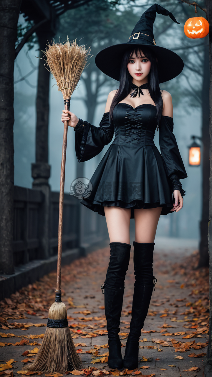 标题为华裔美女黑色紧身衣巫女扮相，通过以上的关键词描述，可以看出该标题适用于展示一个穿着黑色紧身衣，手持扫帚，头戴巫师帽的美女，表达了对其美貌和服装的赞美。
