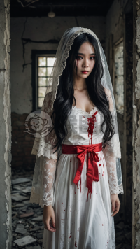 中国女孩的万圣节幽灵新娘装扮