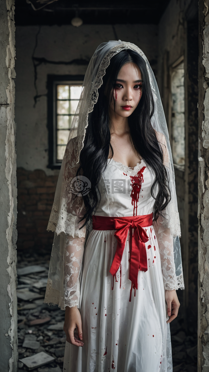 中国女孩的万圣节幽灵新娘装扮