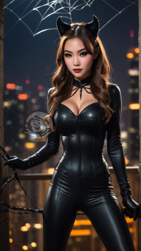 神秘中国女孩性感万圣节猫女郎装束照