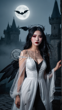 神秘女妖华服魅影在月夜下的幽幻城堡
