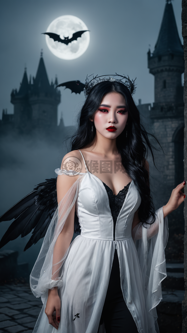 神秘女妖华服魅影在月夜下的幽幻城堡