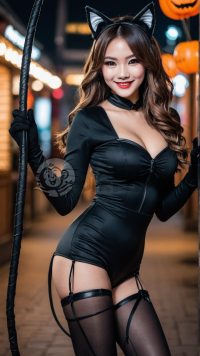 标题可以是：中国女孩身穿万圣节猫咪服装，展现性感与俏皮魅力。