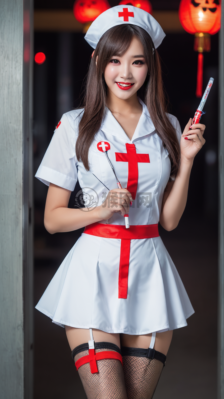 中国护士性感装扮，手持注射器微笑自拍
