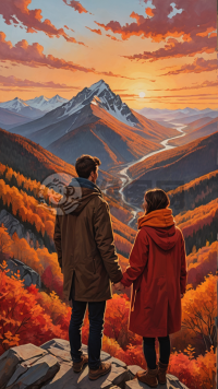 秋山之巅的恋人，共赏夕阳美景