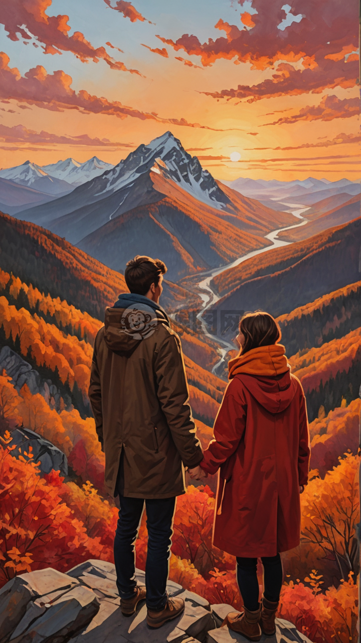 秋山之巅的恋人，共赏夕阳美景