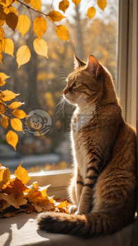 金秋阳光下的暖猫憩窗