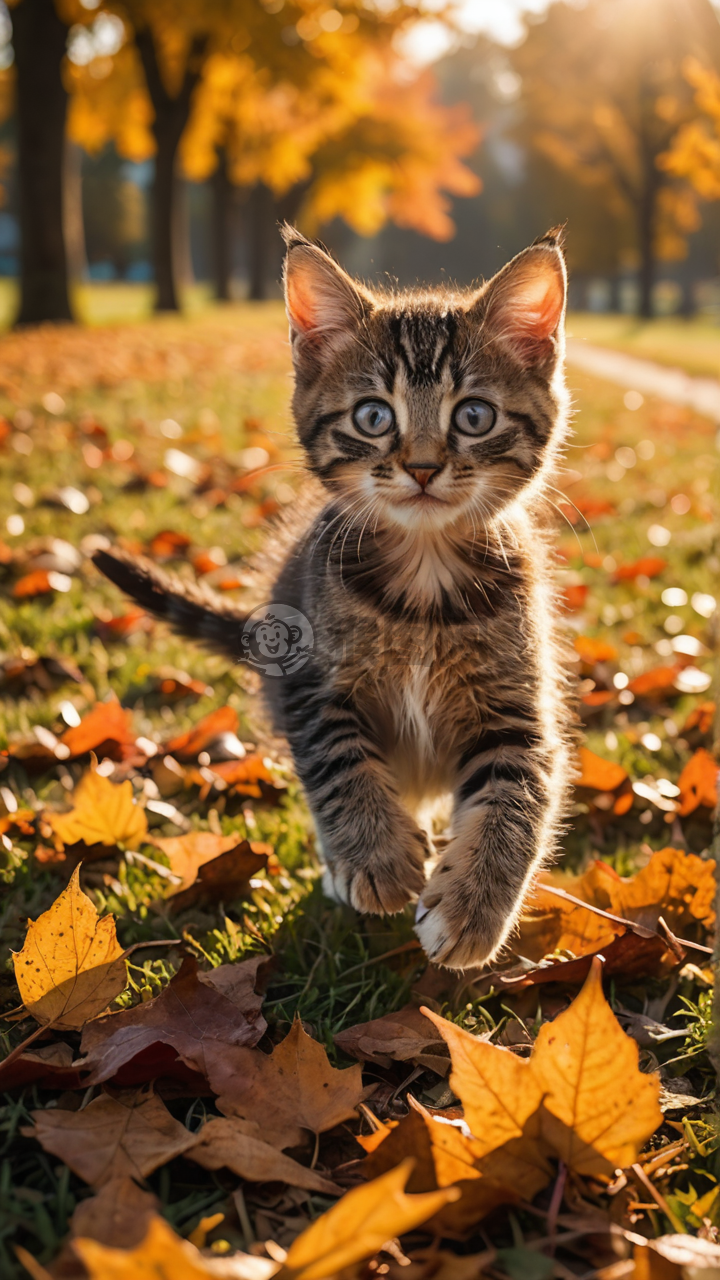 秋叶之舞：冷露时节的小猫追逐落叶
