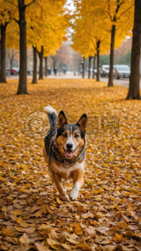秋叶公园之犬：晨露中的金色时光