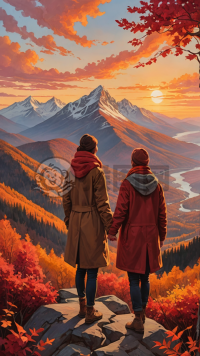 秋山之巅的恋人，共赏夕阳美景
