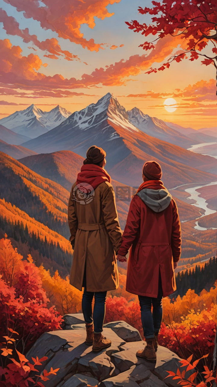 秋山之巅的恋人，共赏夕阳美景