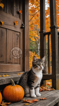 木门上的小猫咪，好奇地看秋叶，微风吹过露珠凉