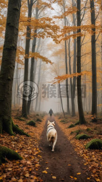 秋林晨雾，忠犬相伴，踏霜留痕，诠释秋意深情