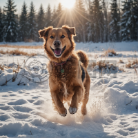 快乐的雪地猎犬跑过飘雪的田野