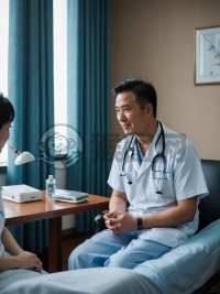 私人医院病房中，中医生与患者亲切交谈