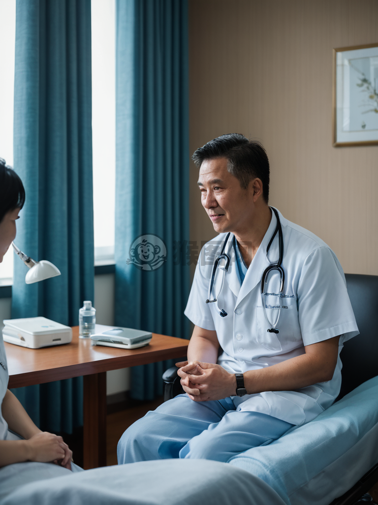 私人医院病房中，中医生与患者亲切交谈