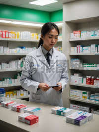 中国医院药房柜台：整洁药品架与专业药剂师